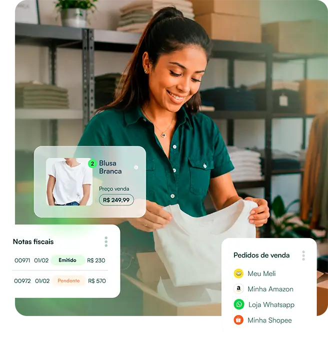 Empreendedora organizando produtos e acompanhando pedidos e documentos fiscais
