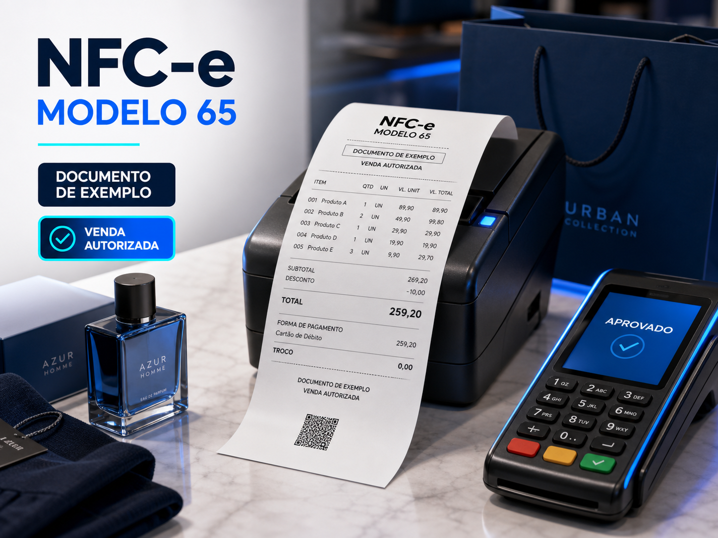 NFC-e fictícia de exemplo impressa em um caixa de varejo