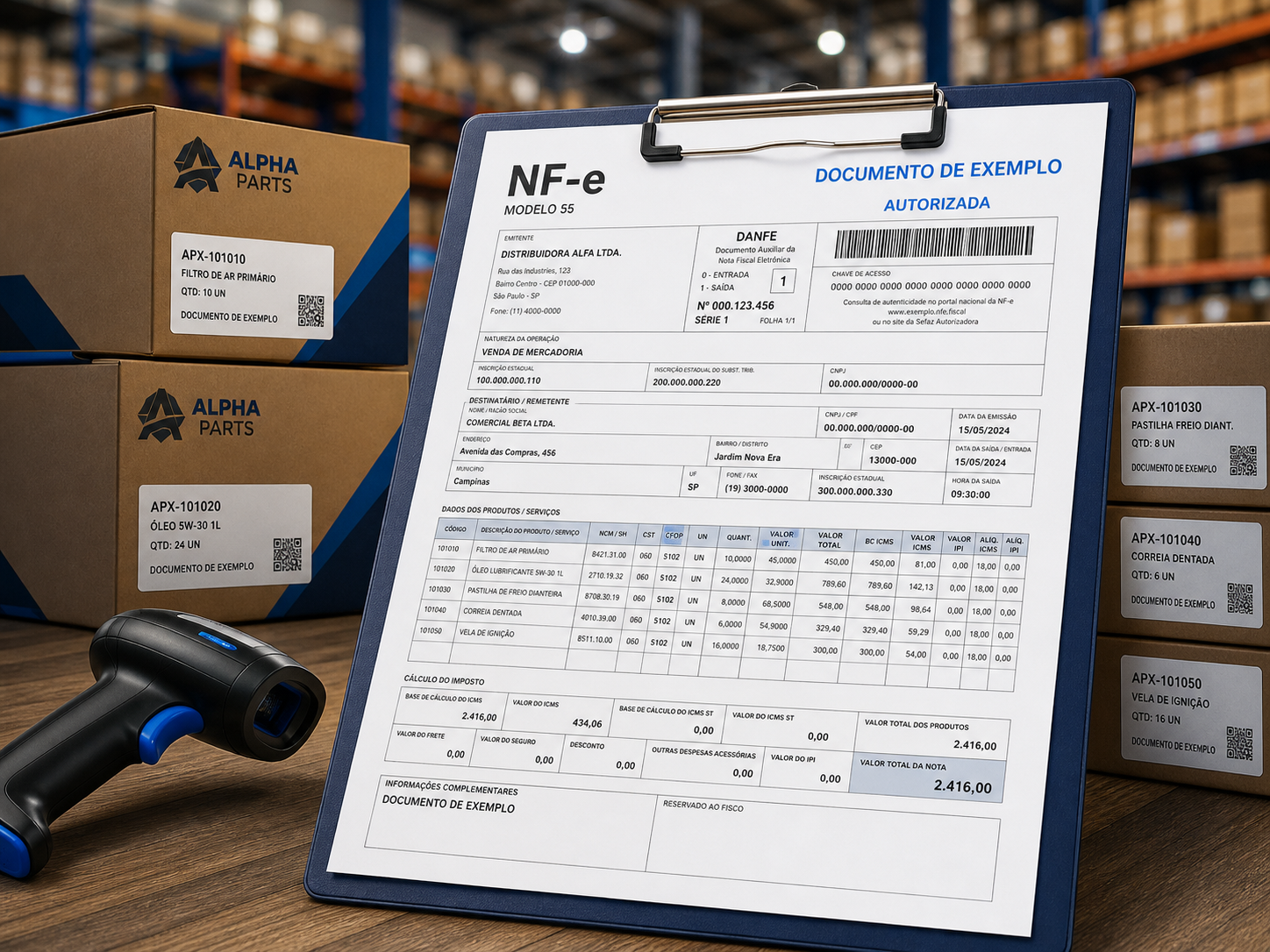 NF-e fictícia de exemplo em uma operação de estoque e produtos
