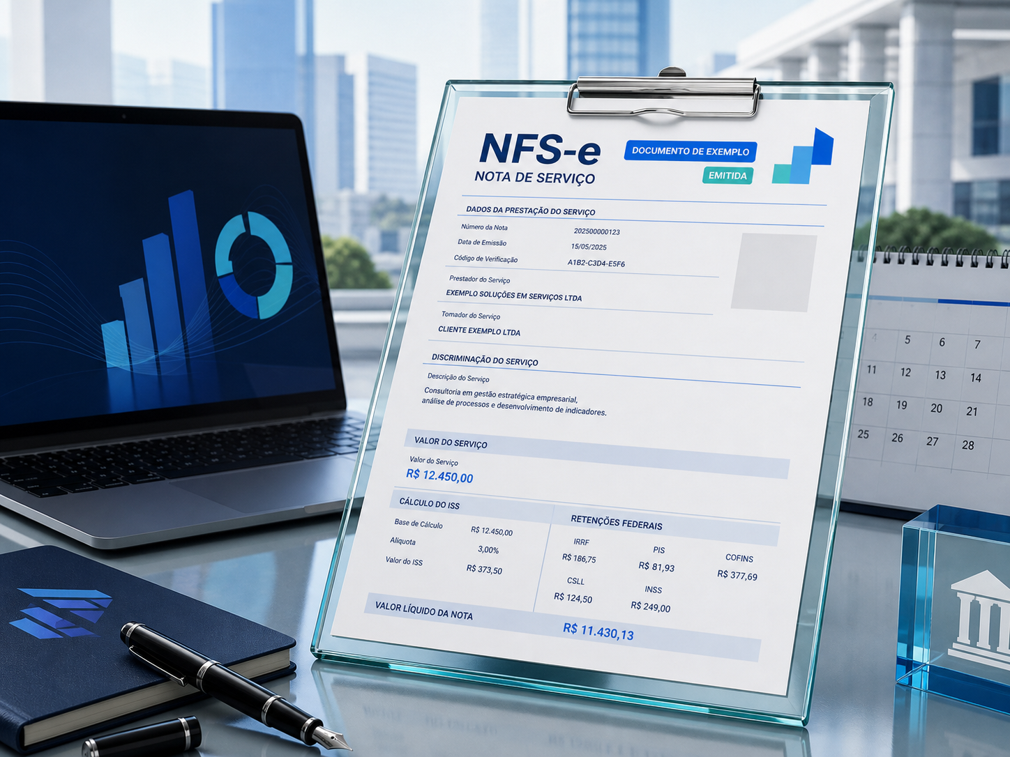 NFS-e fictícia de exemplo em um escritório de serviços
