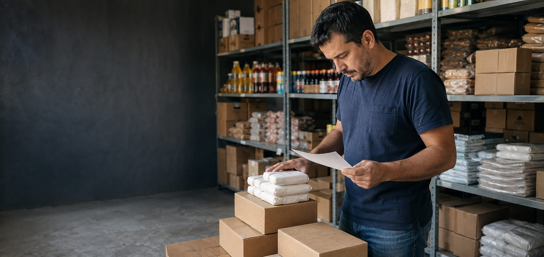 Profissional organizando produtos e documentos fiscais